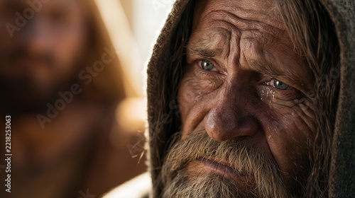 Distressed father looking toward Jesus with faith, doubt, and desperate hope, reflecting on his son's suffering.