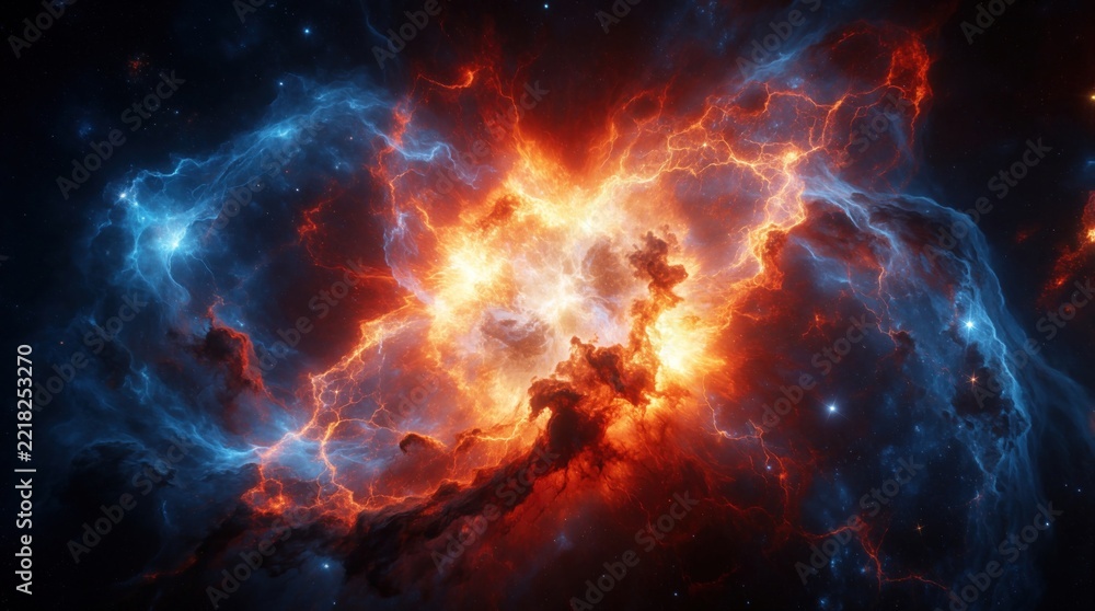 Fototapeta premium Vibrant cosmic explosion in dark space with bright orange red, blue nebula clouds. Massive stellar energy blast creates glowing gas clouds, intense light. Supernova event releases heat, plasma across