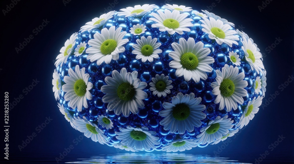 Fototapeta premium Abstract 3D sphere covered with white daisy flowers, shiny blue pearls. Glowing digital art shows floating orb with floral pattern. Ethereal concept of nature meets tech with vibrant blue light,