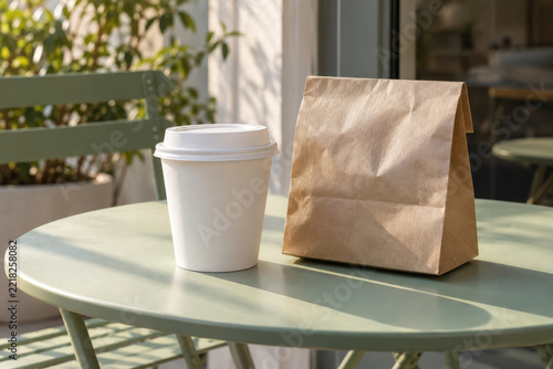 Blank takeaway coffee cup and kraft paper bag on a sunlit cafe table
