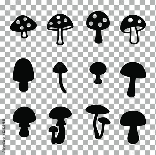 A collection of hand drawn mushroom silhouettes featuring various shapes and sizes isolated on a transparent background for creative design and illustration