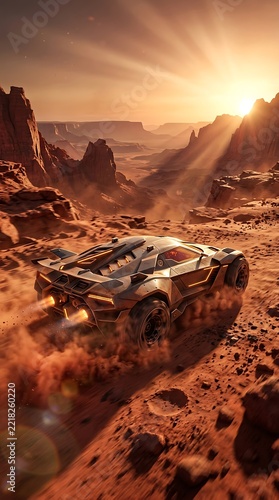 Futuristic offroad vehicle racing through desert canyon at golden hour