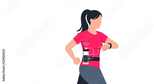 Woman Running with Smart Hydration Tracker and Smartwatch Vector Illustration - Wearable Fitness Tech and Health Monitoring Concept