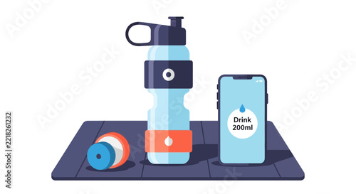 Hydration tracking mobile app concept with reusable water bottle and smartphone showing daily water intake reminder. Healthy lifestyle and wellness flat vector illustration.