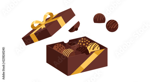 Luxury Box of Assorted Chocolate Truffles with Gold Ribbon and Bow, Vector Illustration of Gourmet Sweets Gift for Valentine's Day and Holidays