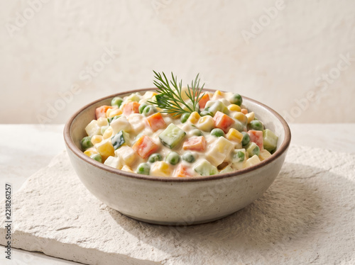 Classic Russian Olivier potato salad dressed with mayonnaise in ceramic bowl