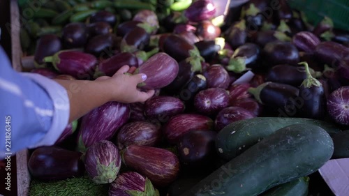 Customer Selecting Fresh Eggplants at a Local Vegetable Market
