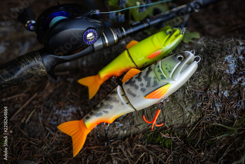 Fishing background. Hand made fishing lures.