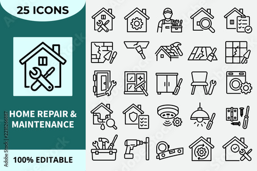 Home Repair and Maintenance Services, Handyman Tools, Property Inspection and Residential Improvement Outline Icons