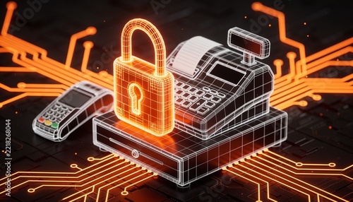 Isometric store checkout desk with glowing orange padlock, holographic wireframe cash register and card terminal in neon circuitry on dark backdrop, secure POS retail payment illustration