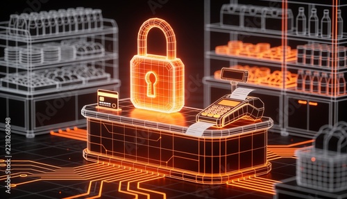 Isometric store checkout desk with glowing orange padlock, holographic wireframe cash register and card terminal in neon circuitry on dark backdrop, secure POS retail payment illustration