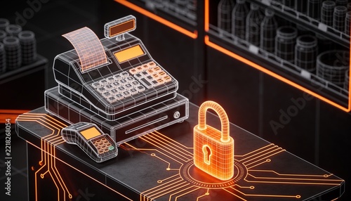Isometric store checkout desk with glowing orange padlock, holographic wireframe cash register and card terminal in neon circuitry on dark backdrop, secure POS retail payment illustration