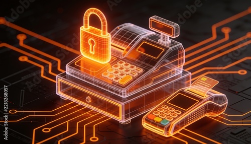 Isometric store checkout desk with glowing orange padlock, holographic wireframe cash register and card terminal in neon circuitry on dark backdrop, secure POS retail payment illustration