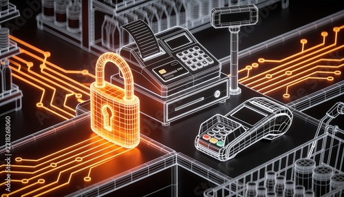 Isometric store checkout desk with glowing orange padlock, holographic wireframe cash register and card terminal in neon circuitry on dark backdrop, secure POS retail payment illustration