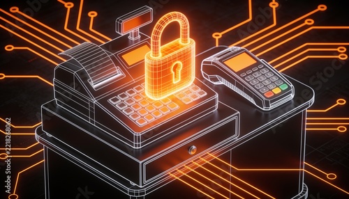 Isometric store checkout desk with glowing orange padlock, holographic wireframe cash register and card terminal in neon circuitry on dark backdrop, secure POS retail payment illustration