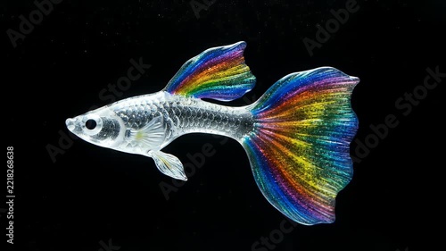Close Up Of A Small Glass Fish With Rainbow Colored Fins And Tail Detailed Macro Shot