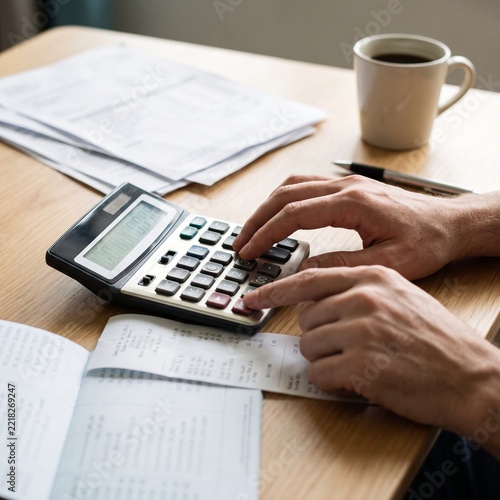 Close-up of hands calculating business expenses with calculator and financial documents
