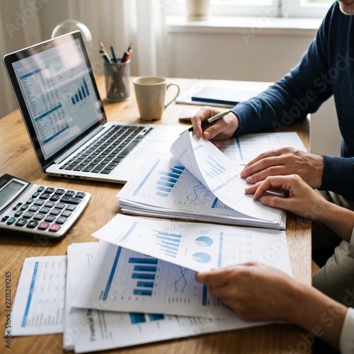 Accountant reviewing printed financial reports beside a laptop