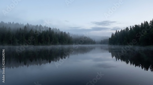 Misty lake with pine forest reflection moody morning
