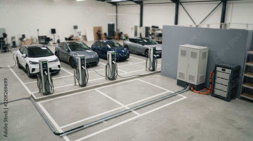 Fototapeta premium Cooperative electric vehicle charging setup with charging pedestals, connector plugs, grid cabinet, battery module, and road-marked parking bays.