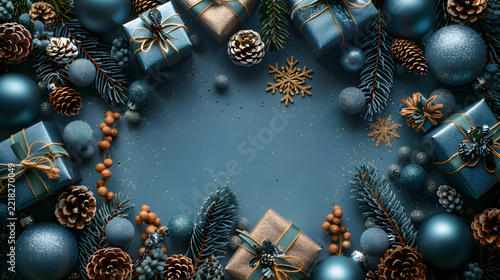 Festive Christmas border flat lay with blue and gold gift boxes, pine cones, ornaments, and copy space on a dark blue background