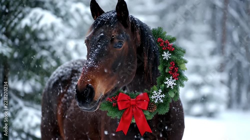 Brown Horse Wearing Christmas Wreath in Snowy Forest