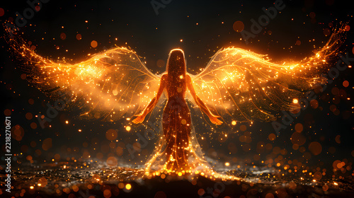 Golden glowing angel with spread wings standing in a field of sparkling light particles and bokeh