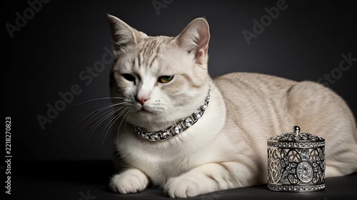 Elegant Light Brown Cat With Yellow Eyes Wearing A Black Collar Sits Next To A Small Ornate Box