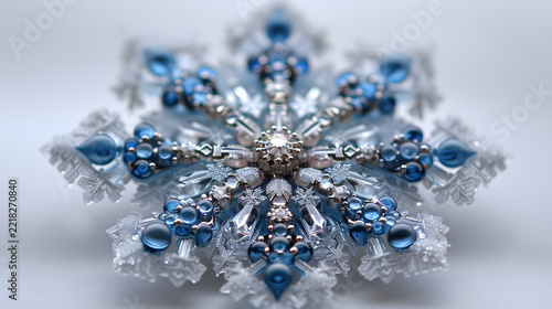 Intricate crystal snowflake ornament with blue glass details and silver jewelry accents on a clean white background