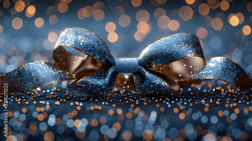 Elegant blue and gold glitter ribbon bow on a dark surface with warm bokeh light background
