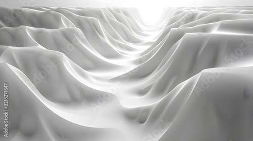 Abstract white wavy landscape background with a bright light canyon path in a futuristic digital art style