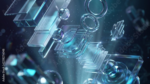 Futuristic 3D abstract background with floating transparent glass geometric shapes and light dispersion