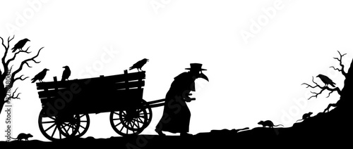 Plague Doctor pulling Heavy Wooden Cart Silhouette, Medieval Black Death Pandemic Scene with Crows and Rats