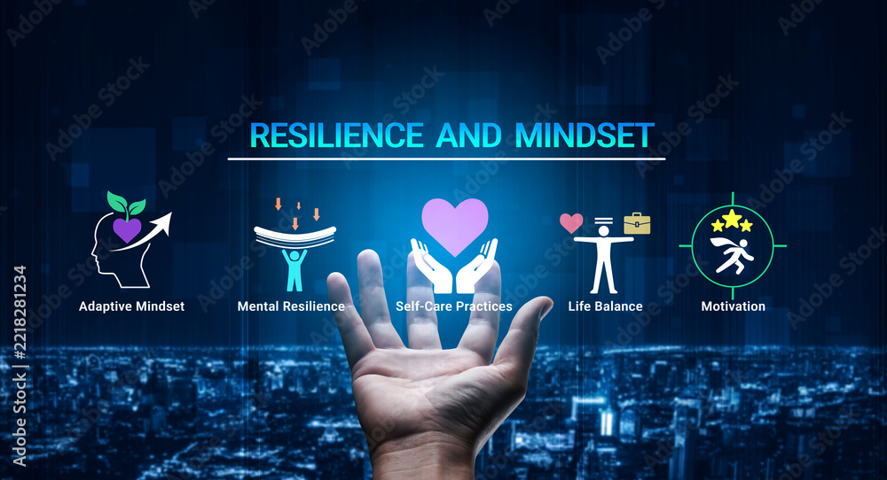 Fototapeta premium Conceptual illustration of resilience and mindset showcasing adaptive thinking, mental strength, self-care approaches, work-life harmony, and motivation symbols against a digital background. Haptic.