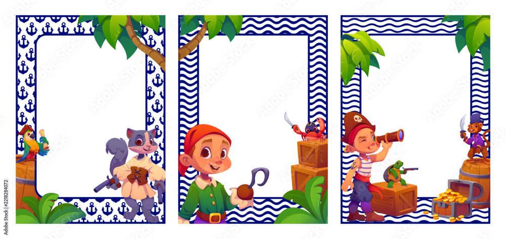 Naklejka premium Kids pirate photo frames with young corsairs, animals and treasures. Vector cartoon borders with child buccaneers, parrot, cat, monkey, turtle, crab, treasure chest, gold coin and nautical pattern