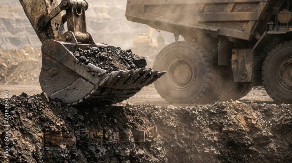 Obraz premium Open-pit coal mining scene with a haul truck, excavator bucket and layered coal seams under a haze of dust