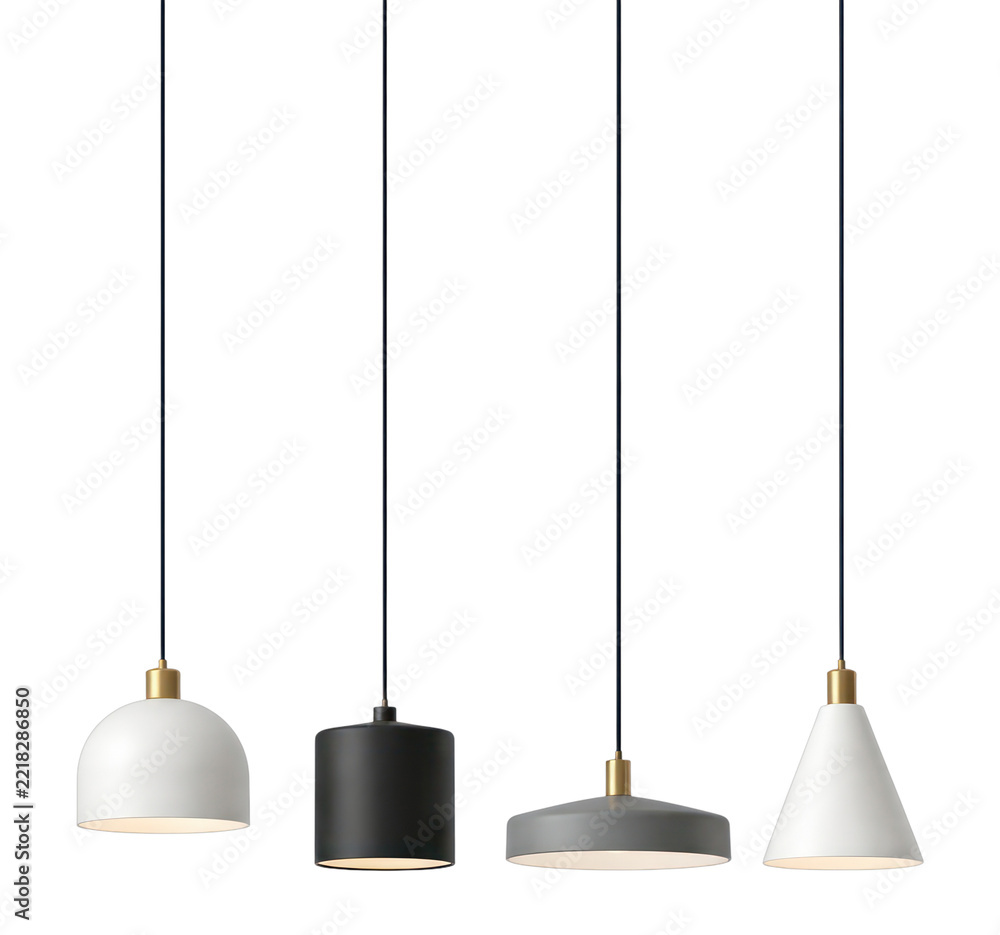 Fototapeta premium PNG Modern pendant lights in various shapes and colors.