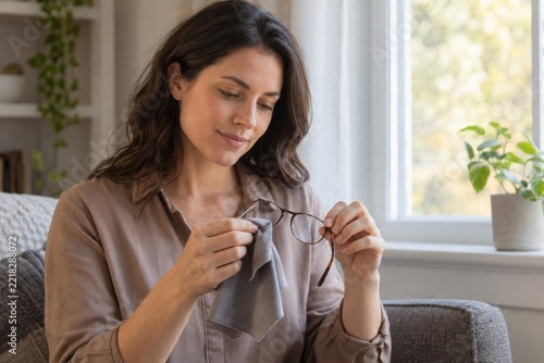 Woman cleaning her eyeglasses with a microfiber cloth