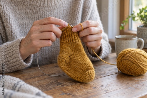 Hands knitting a mustard wool sock with circular needles