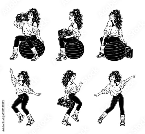 1980s Woman Dancing With Boombox Retro Black Vector Set