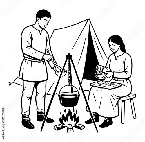 Living History Reenactors Cooking Over Campfire Black Vector Illustration