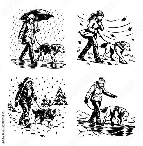 Dog Walking in Different Weather Conditions Black Vector Set