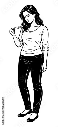 Worried Woman Looking at Negative Pregnancy Test Black Vector Illustration