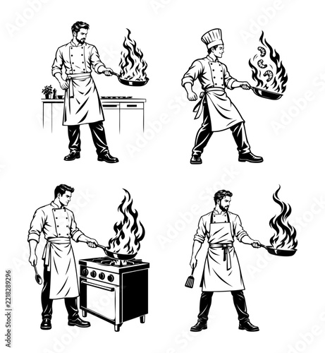 Professional Chef Cooking Flambe at Restaurant Stove Black Vector Illustration