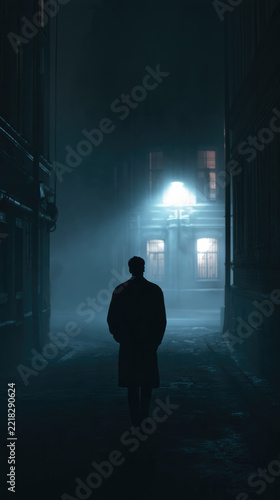Silhouette walking alone through dark alley toward illuminated street corner with misty backlight and cinematic negative space