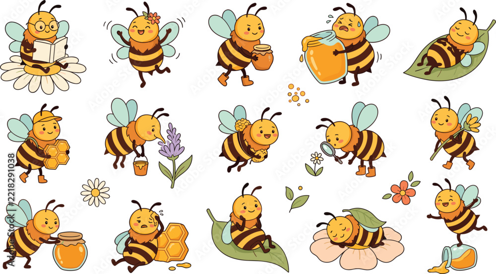 Fototapeta premium Cute honey bee cartoon character vector set featuring playful bumblebees with honey pots flowers and leaves for children sticker and educational designs