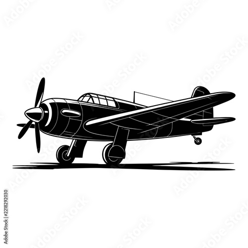 Vintage biplane aircraft with propeller detailed vector silhouette airplane