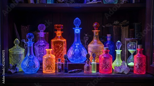 Vibrant Glowing Antique Glassware and Apothecary Vessels Fluorescing under Ultraviolet UV Blacklight