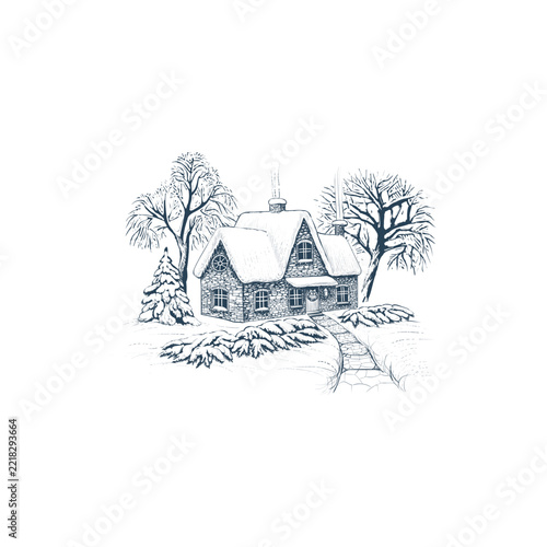 Creative Snowy Winter Cottage Christmas Landscape Line Art Illustration Vector Illustration