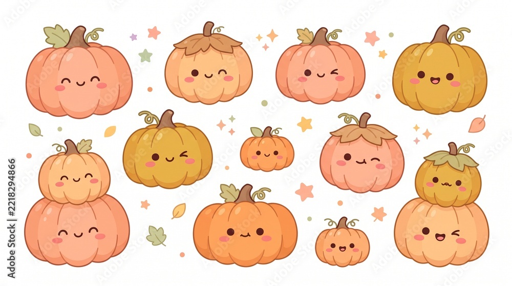 Fototapeta premium A collection of cute kawaii style pumpkins with happy facial expressions isolated on a white background for autumn design elements